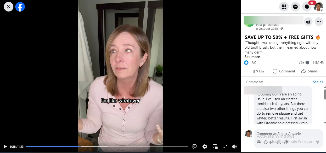 Facebook ad post showing 11M views, 18K reactions and 763 comments